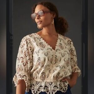 Anthropologie Eyelet Boho Fairycore Blouse NWT Size L Cream Embroidered‎ Cotton